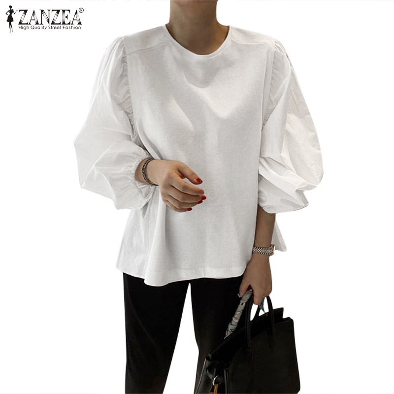 Áo Sơ Mi Kiểu Zanzea Dáng Rộng Tay Phồng Màu Trơn Thời Trang Thường Ngày Cho Nữ