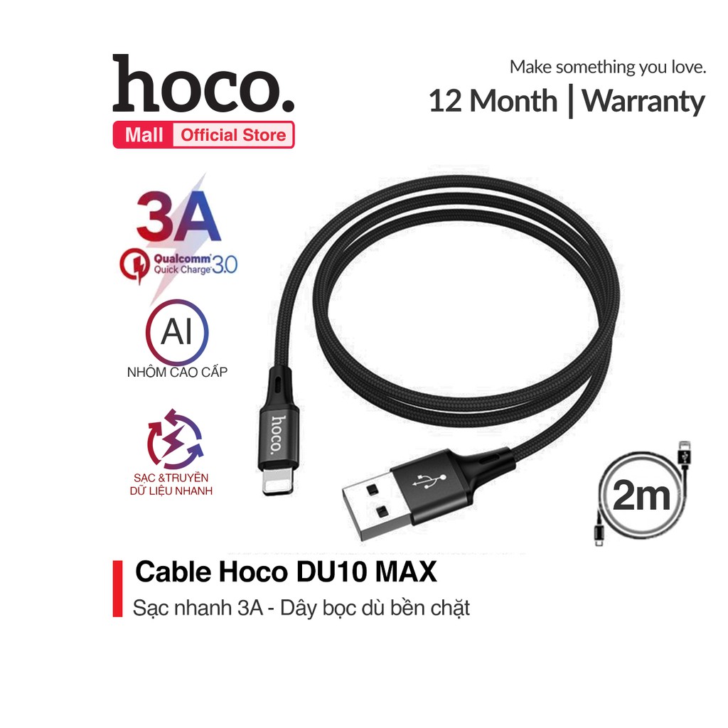 Cáp sạc nhanh và truyền dữ liệu lightning Hoco DU02 cho iPhone 12 pro max, sạc nhanh cáp bọc dù chống đứt, chống gãy gập