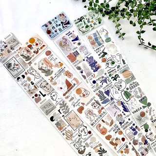 Sticker art hoa lá và người vintage trang trí sổ tay màu xanh, cam, be