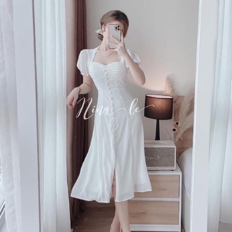ĐẦM MIDI TRẮNG NHÍU NGỰC NÚT BỌC TAY BÚP MẪU CHỊ NINA LÊ ✨LOTUS SHOP✨