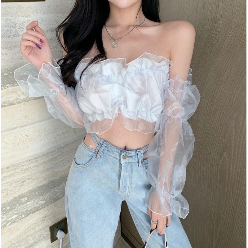 Áo Croptop 🍊 [Tiệm Vải Xinh] 🍊 Áo Croptop Ren Trễ Vai Tay Bồng - Hàng quảng châu