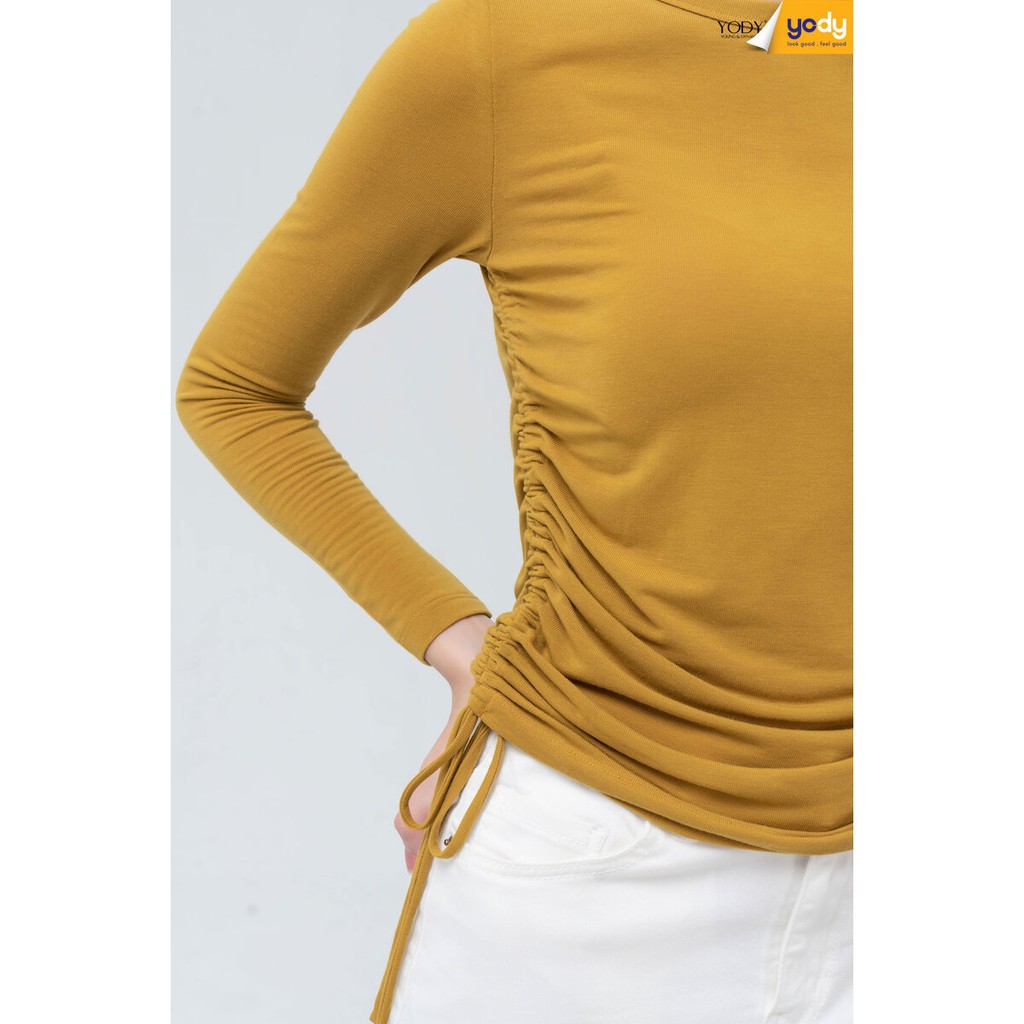 Áo thun nữ YODY dài tay cổ lệch rút sườn nịnh dáng ATN4340
