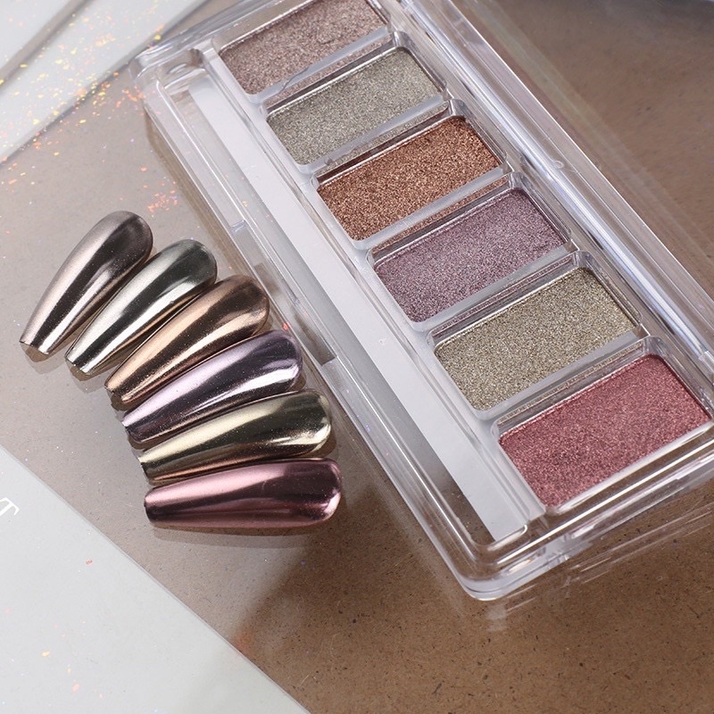 Set 6 màu bột tráng gương dạng nén trang trí móng - tráng gương nail ánh cầu vồng, ánh ngọc trai sáng lấp lánh rất đẹp