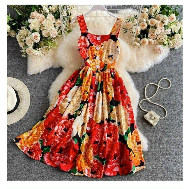 Hàng qc - Đầm xòe lụa 2 dây hoa mẫu đơn cao cấp - BH45