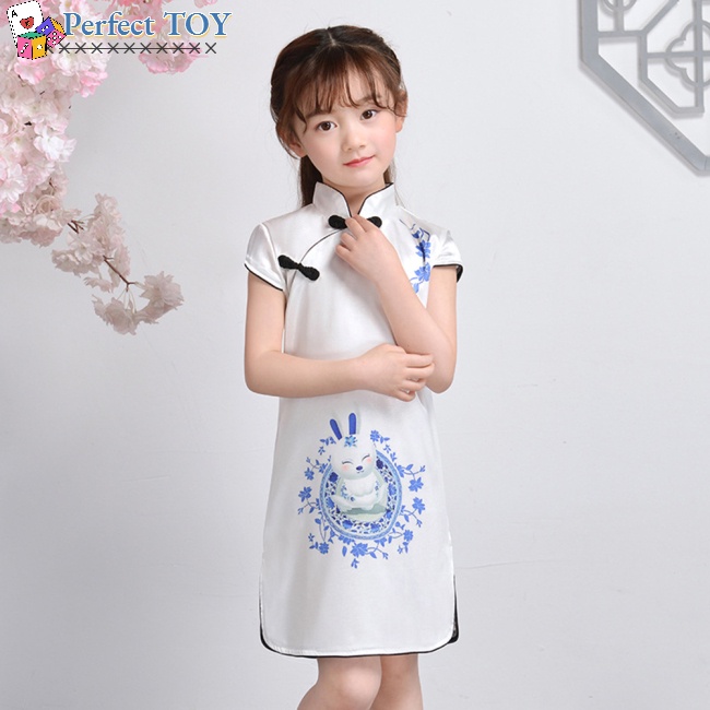 Đầm Sườn Xám Tay Ngắn Xẻ Tà Phong Cách Trung Hoa Cổ Điển Thời Trang Cho Bé Gái
