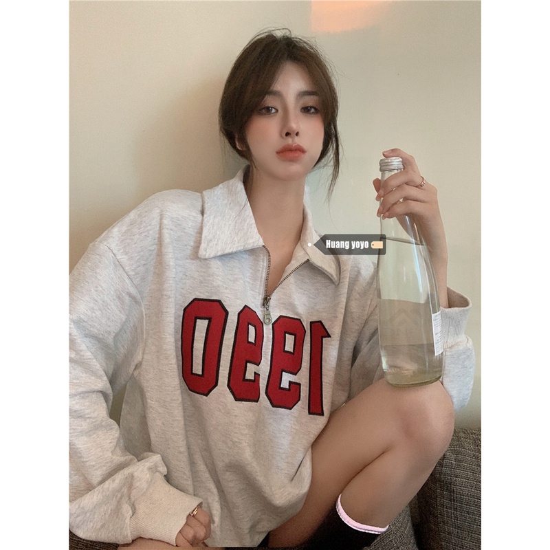 phụ nữ thời trang của Hàn Quốc quần áo lỏng lẻo retro polo cổ áo dài tay áo len