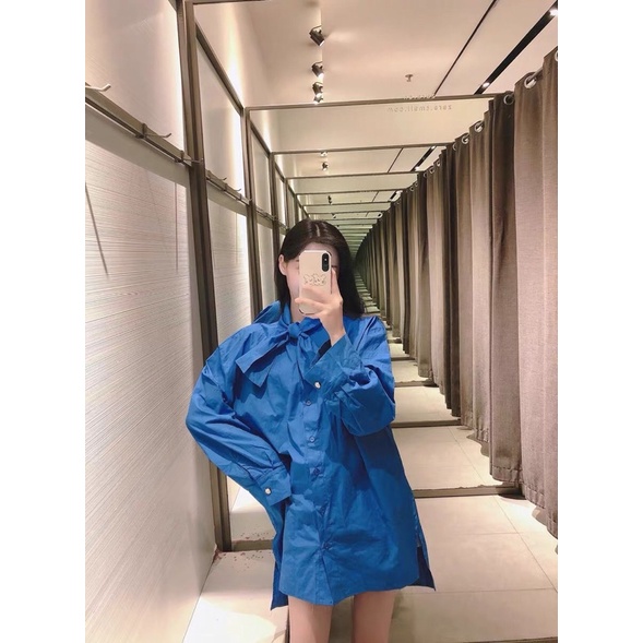 ÁO SƠ MI XANH COBALT THẮT NƠ ZARA TUỒN CỰC XINH