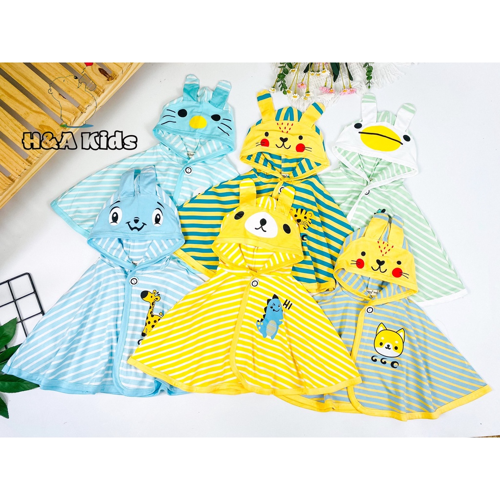 Áo choàng sọc dệt cánh dơi nón tai thú mềm mịn mát cho bé trai, bé gái từ 7-20kg
