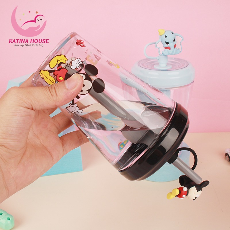 Ly uống nước cho bé , ly pha lê có nắp kèm ống hút 3D Disney đáng yêu