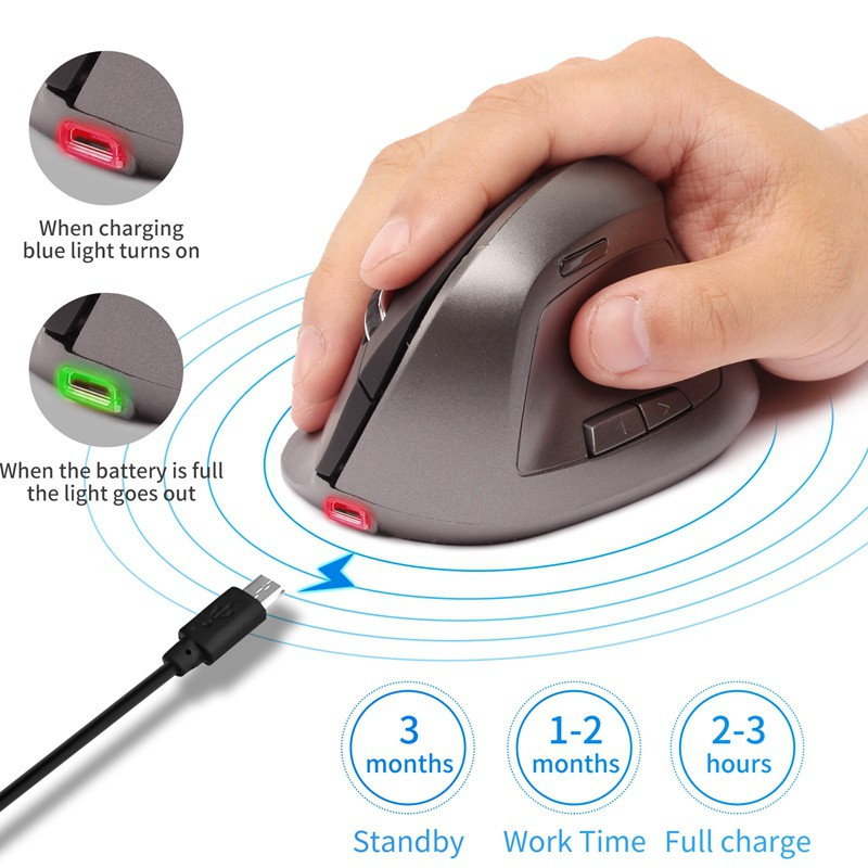 Wireless Vertical Optical Computer Mouse Ergonomic Rechargeable USB Gaming Mouse Upright Mice for PC Laptop Mac-Black