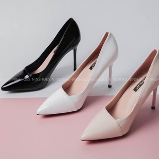 Giày cao gót 9p Ninshoes gót nhọn bít mũi nhọn viền cắt da bóng thời trang