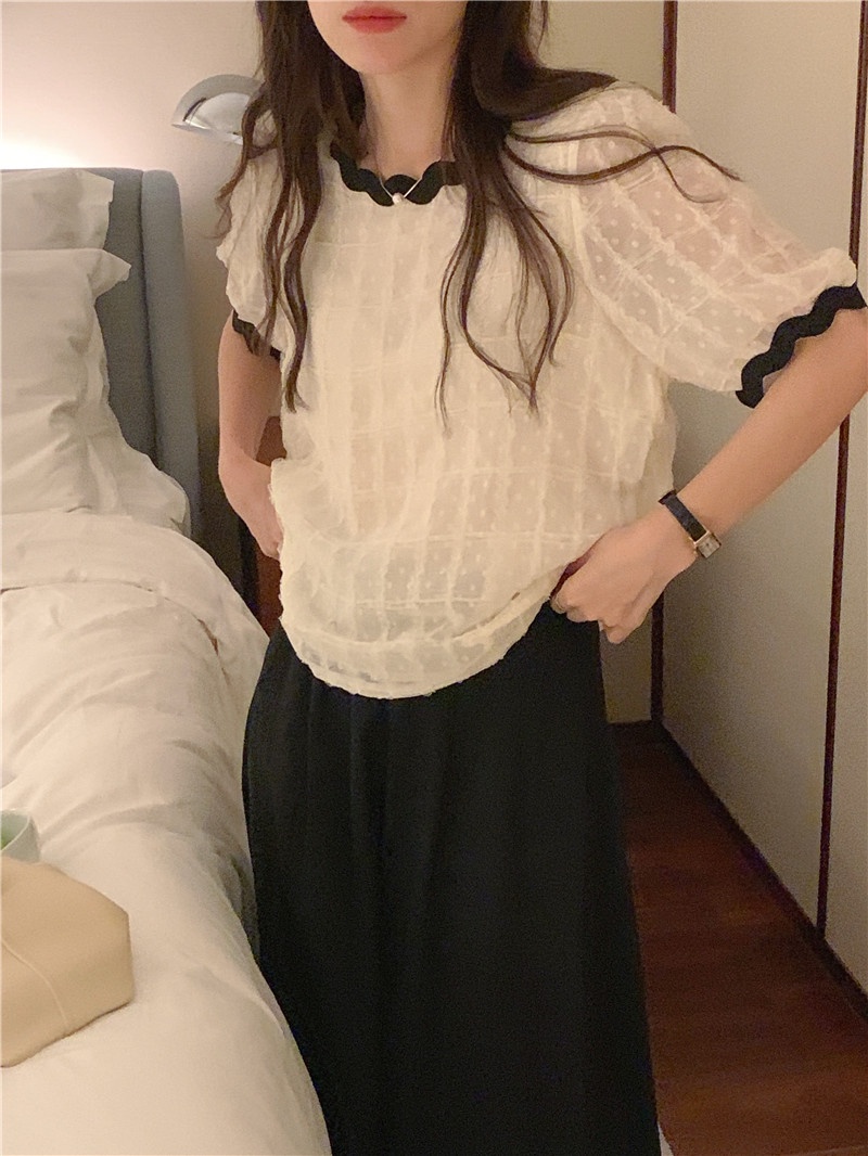 Áo Voan Cổ Tròn Phối Ren Ngắn Tay Thời Trang Hàn Quốc Sành Điệu 53884