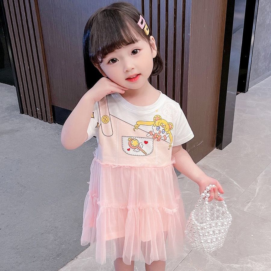 Đầm Công Chúa Tay Ngắn Phối Lưới Họa Tiết Hoạt Hình Phong Cách Hàn Quốc Cho Bé Gái