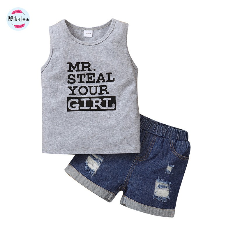 Bộ đồ 2 món MIKRDOO gồm áo không tay họa tiết chữ và quần ngắn denim thời trang mùa hè dành cho bé trai