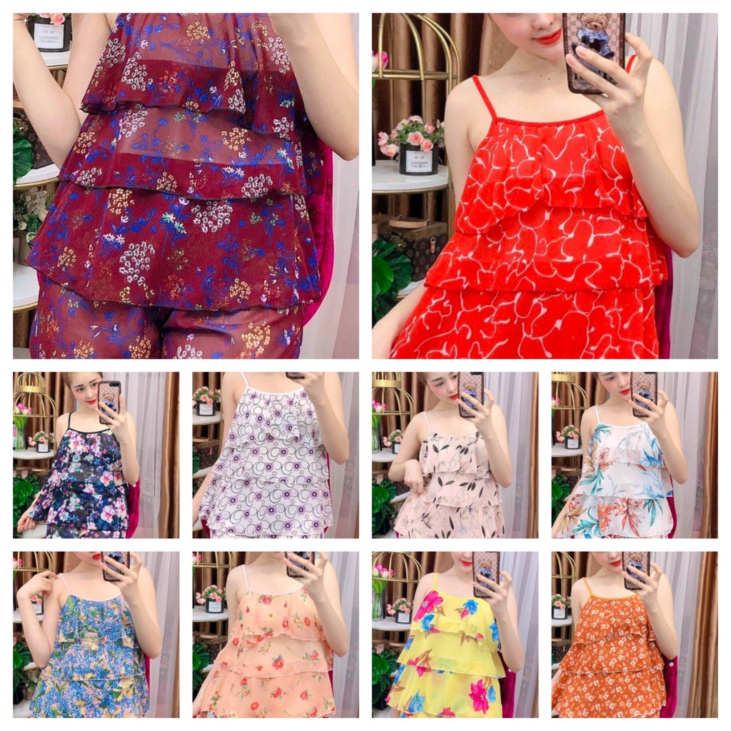 Set bộ áo 2 dây quần đùi ngắn lụa hàn Đồ mặc nhà họa tiết trái cây dễ thương | BigBuy360 - bigbuy360.vn