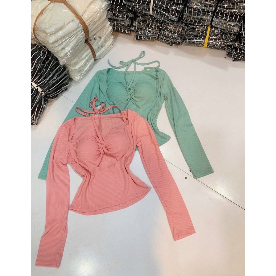 áo tay dài có mút khoét ngực cột dây cổ sexy chất gân đẹp lth