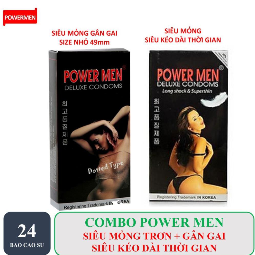 [BAO CAO SU POWERMEN] 02 HỘP 24 Bao cao su siêu mỏng ôm khít gân gai bi size nhỏ 49mm + Siêu mỏng trơn kéo dài thời gian