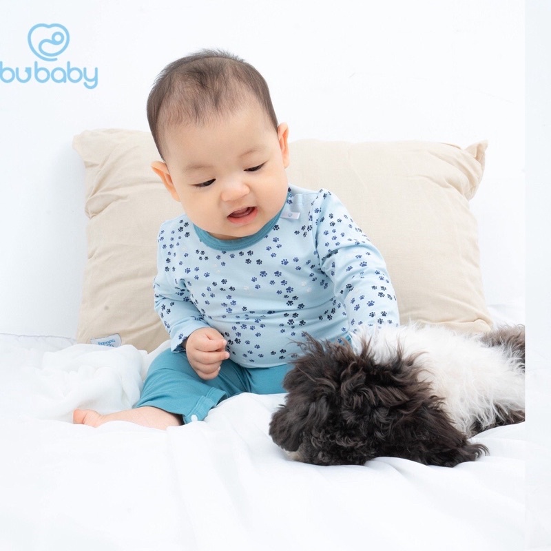 Bộ body BU bambus puppie cài vai và cài chéo hoạ tiết in hình chân cho bé
