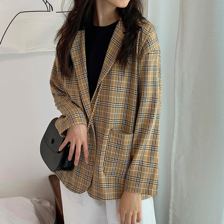 [CÓ SẴN] Áo khoác blazer nữ kẻ caro form rộng dài tay phong cách Hàn Quốc ulzzang | BigBuy360 - bigbuy360.vn
