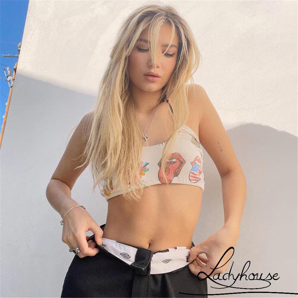 Áo Croptop Hai Dây Hở Lưng Dáng Ôm In Họa Tiết Thời Trang Cho Nữ