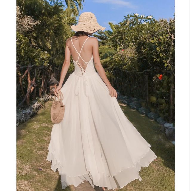 🍅Váy maxi trắng 2 tà 🍁freeship🍁đan dây lưng xẻ tà bay bổng | BigBuy360 - bigbuy360.vn