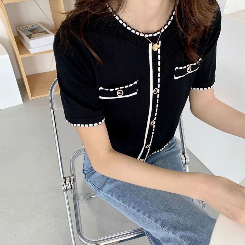 áo len cộc tay 2 túi ngực phong cách Hàn Quốc