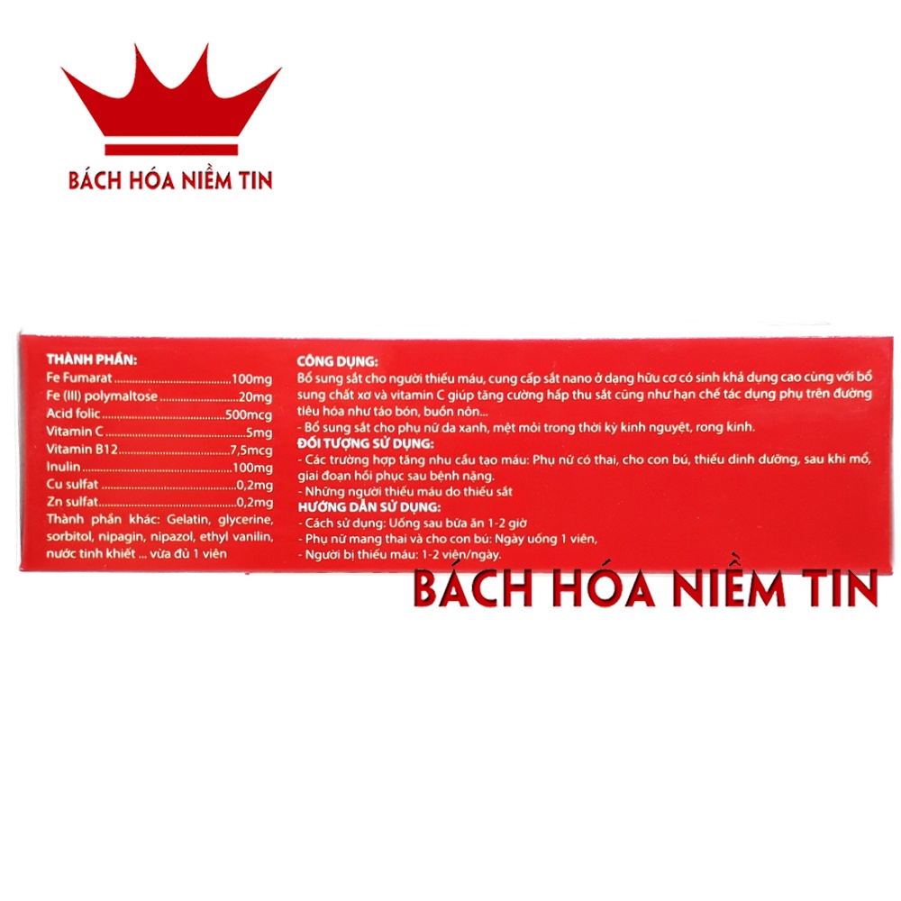 Viên uống Bổ máu Fefovit Nano bổ sung Sắt, Acid Folic cho người thiếu máu, phụ nữ mang thai và cho con bú - Hộp 30 viên