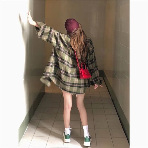 Áo sơ mi XIAOZHAINV tay dài dáng rộng sọc caro thời trang retro Hàn Quốc