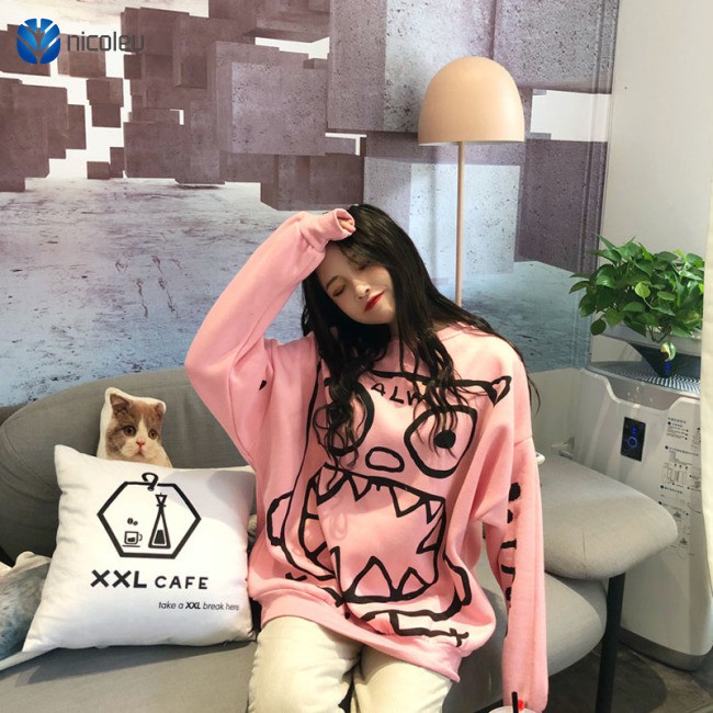 Nicoleu |  Women Loose Graffiti Cartoon Fleece Lined Pullover Jacket for Casual Campus in Autumn Winter