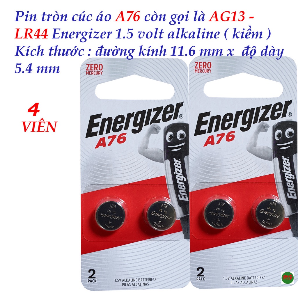 Combo 4 viên Pin tròn Alkaline A76-AG13-LR44- Energizer 1.5 volt ( vĩ 2 viên)