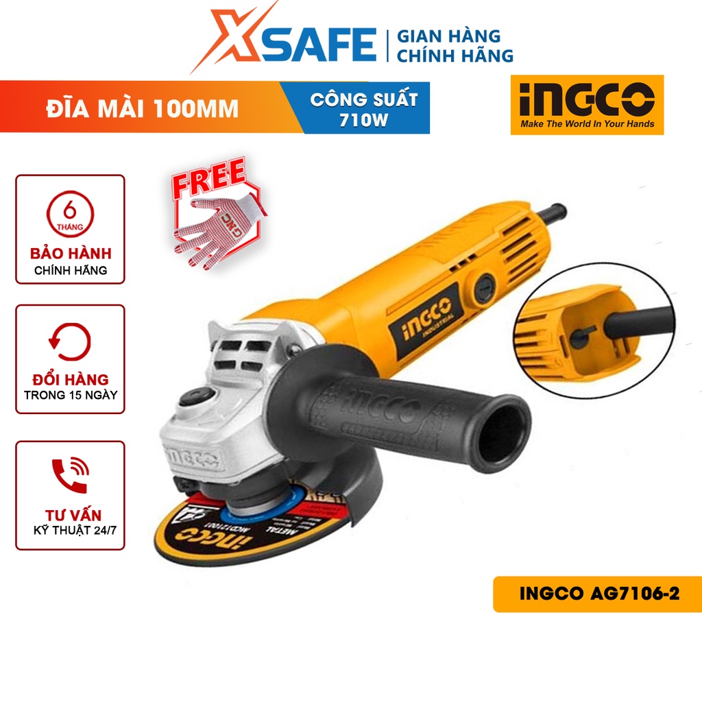 Máy mài góc INGCO AG7106-2 Máy mài cầm tay 710W, tốc độ không tải 2500rpm, đường kính đĩa mài 100mm, cốt mài M10