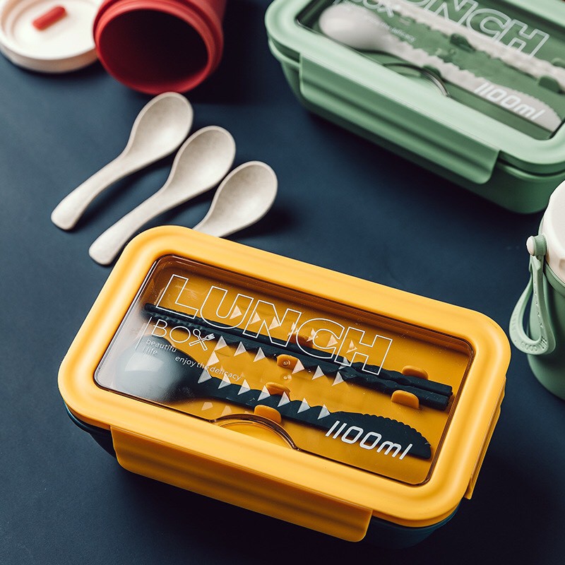 Hộp cơm văn phòng giữ nhiệt 2 ngăn Lunch Box 1100ml tặng kèm đũa thìa lúa mạch