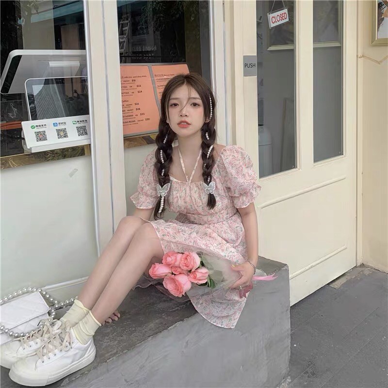 Đầm hoa nhí hồng babydoll dáng váy xoè thắt dây hình thật cuối