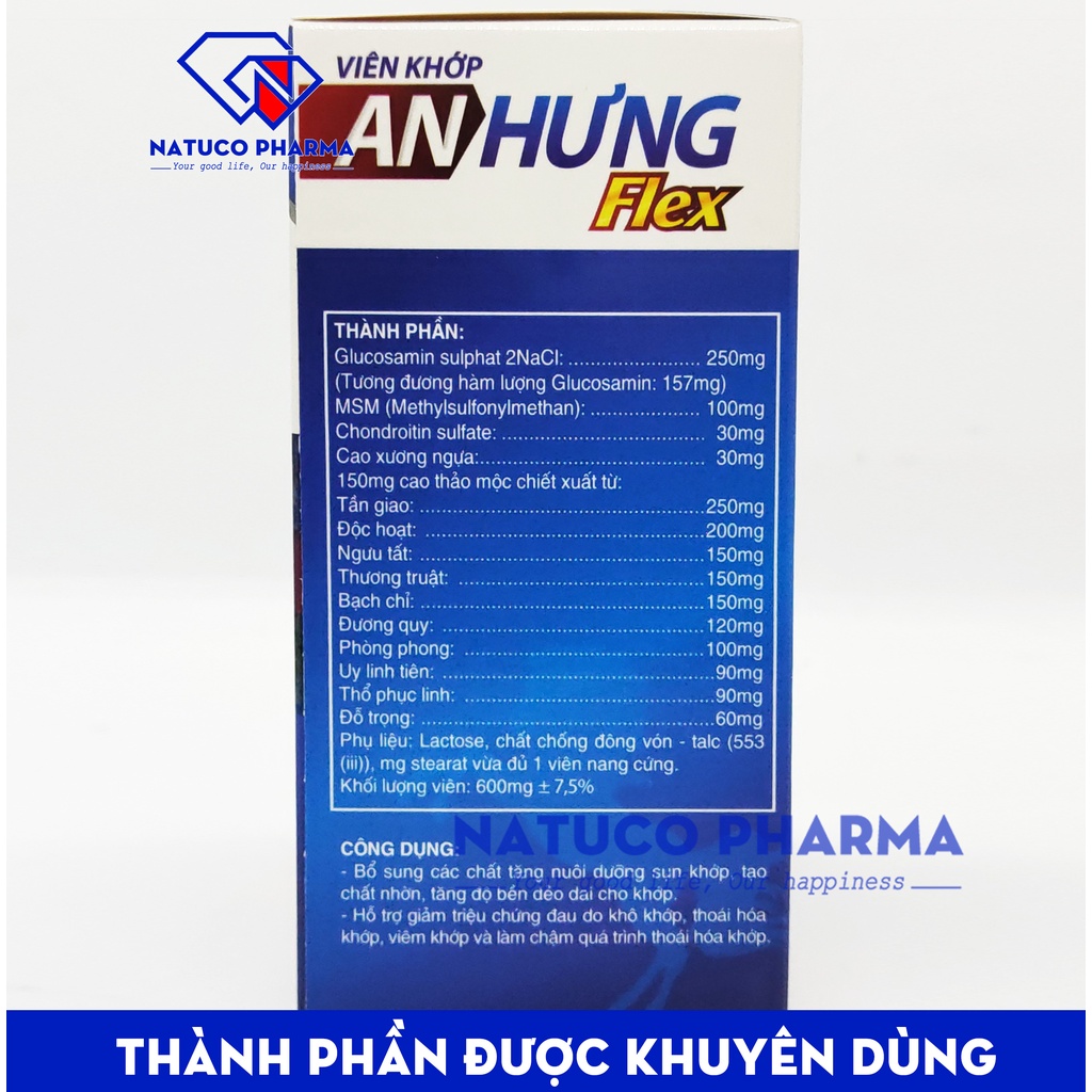 Viên khớp An Hưng Flex - thành phần Glucosamin kết hợp thảo dược giúp giảm đau khớp, thoái hóa khớp, viêm khớp - Hộp 60v