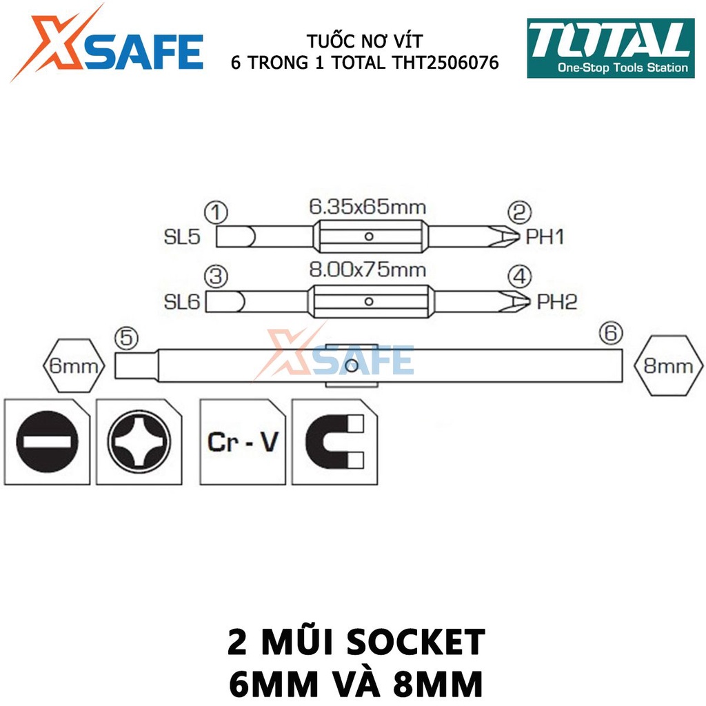Bộ tuốc nơ vít 6 đầu TOTAL THT2506076 | Bộ tua vít kích thước 4 chi tiết 6.35*65mm, 8.00*75mm, PH1+SL5, PH2+SL6