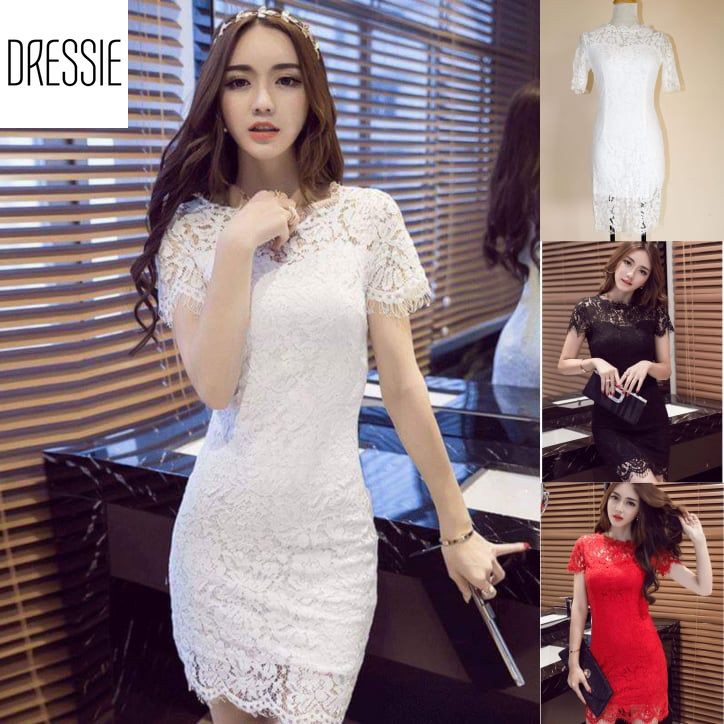 Váy Áo Đầm Ren Ôm Body DRESSIE Thời Trang Nữ Công Sở Dạo Phố Dự Tiệc Đám Cưới - DB74 (Đen - Trắng - Đỏ) | BigBuy360 - bigbuy360.vn