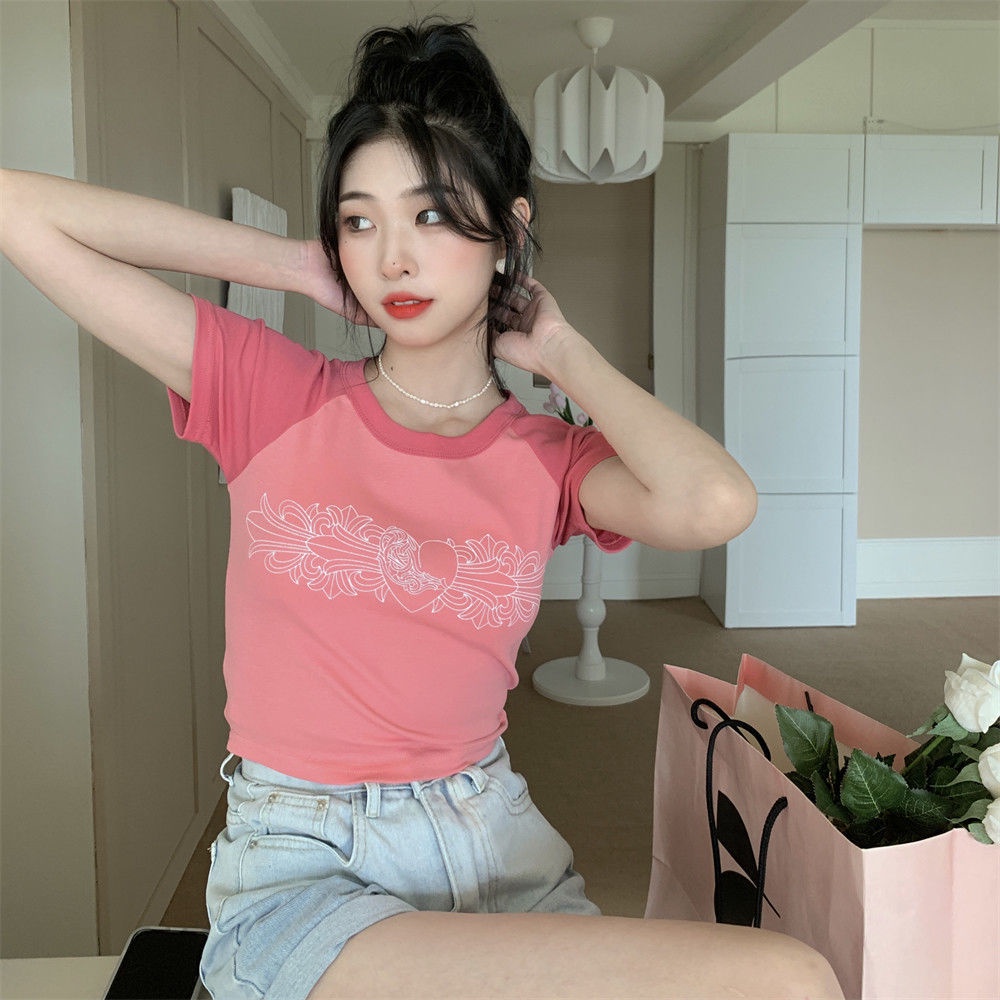 Áo Thun Tay Ngắn Màu Sắc Tương Phản Phong Cách Retro Kiểu Mỹ