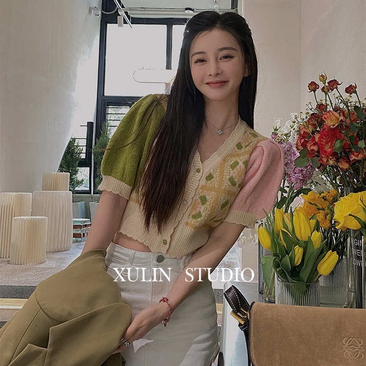 SUXI Áo Dệt Kim Tay Phồng Ngắn Cổ Chữ V Thời Trang Mùa Xuân Phong Cách Vintage Dễ Phối Đồ Cho Nữ