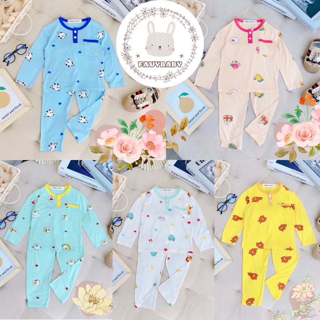 Bộ Dài Tay Bé Trai Bé Gái MINKY MOM Chính Hãng Thun Lạnh Có Nút Và Túi Hình In Gấu Cừu Cho Bé 0 1 2 3 4 5 Tuổi-Favybaby