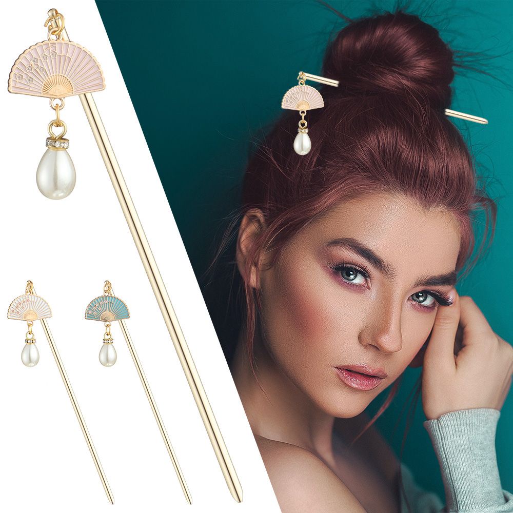 Trâm cài tóc hình quạt đính ngọc trai giả cổ điển phong cách Trung Hoa