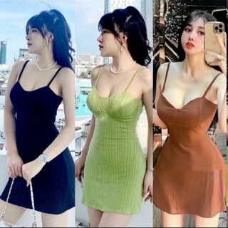 Đầm 2 dây cúp mút ngực chất gân mũi tên dáng ngắn xòe nhẹ