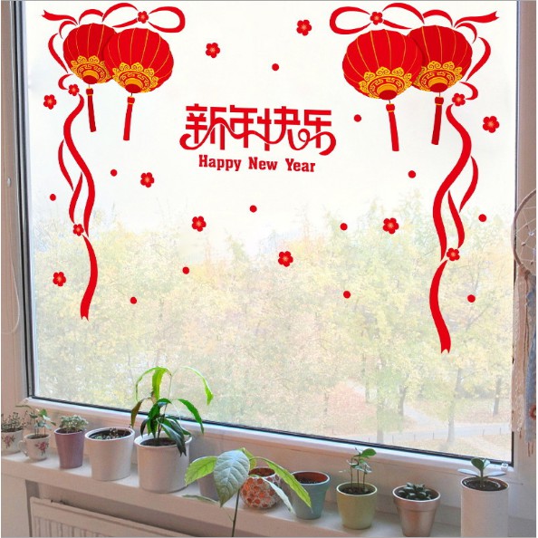 Decal trang trí tết - Lồng đèn cặp đỏ kèm chữ HPNY