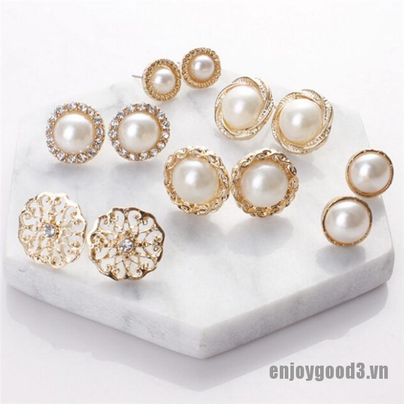 <enjoy3> 6 Pairs Elegant Crystal Rhinestone Diamond Pearl Sign Ears Tiny Studs Earrings