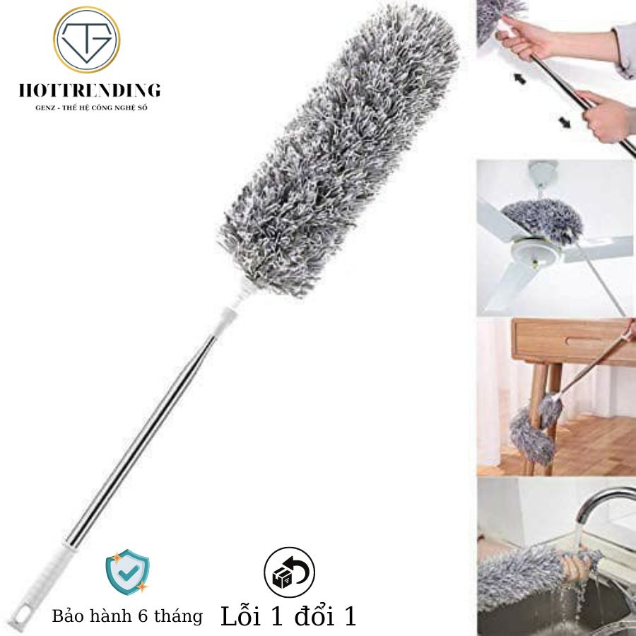 Cây chổi lông quét lau bụi mạng nhện trần nhà đa năng cán dài inox rút gọn kéo dài 250cm, đầu chổi gập 90 độ hàng loại 1