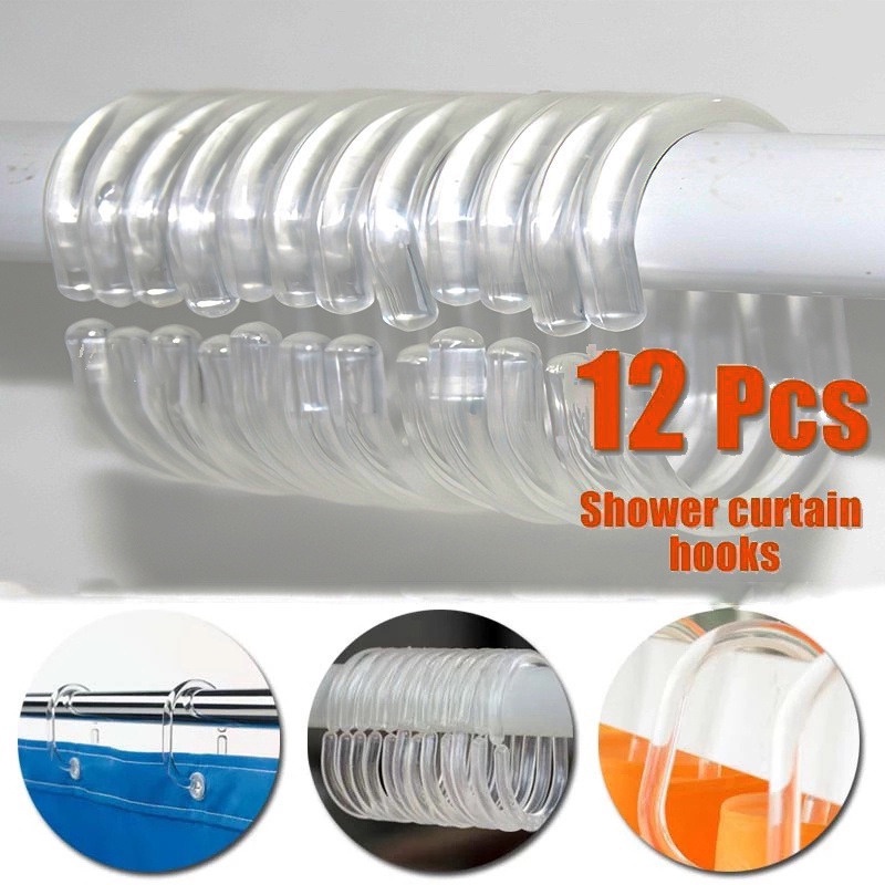 Set 12 Móc Treo Rèm Nhà Tắm Hình Chữ C Bằng Nhựa Trong Suốt