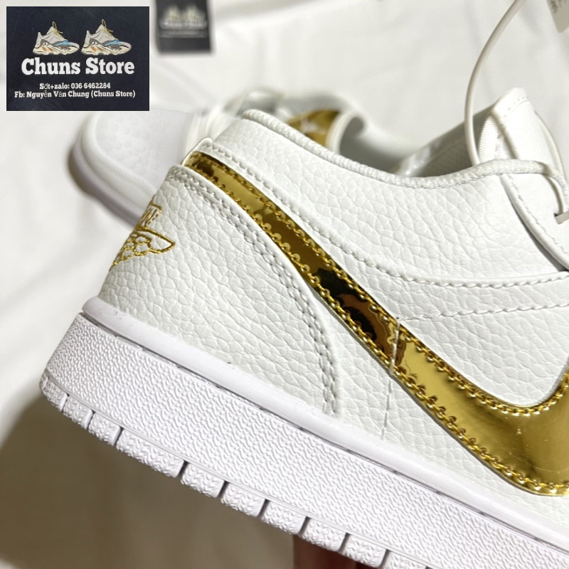 Giày Jordan trắng kẻ vàng da nhăn, giày JD 1 white gold thấp cổ cao cấp full box bảo vệ