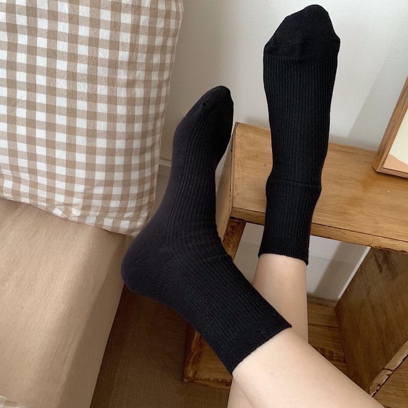 Vớ cotton Màu Trắng Sữa Trơn Cổ Cao Vừa Phong Cách Nhật Bản Thời Trang Mùa Đông Cho Nữ