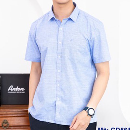 Áo Sơ Mi Nam Công Sở Trung Niên Anton Somianton Màu Xanh Dương Ngắn Tay Vải Sợi Cotton Kẻ Trắng – GD553