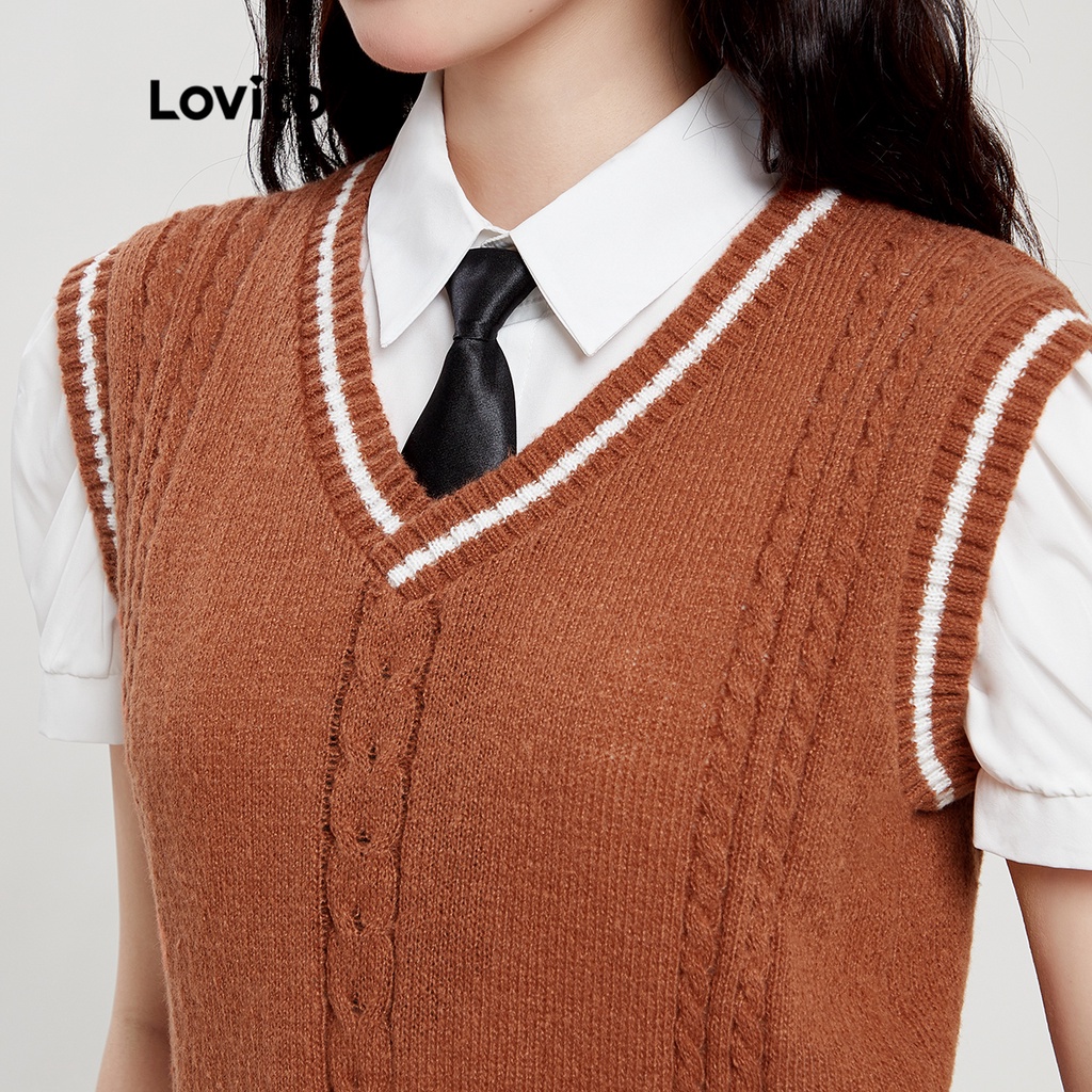 Lovito Preppy Colorblock V Cổ nữ dệt kim trên cùng L33ED056 (Nâu)