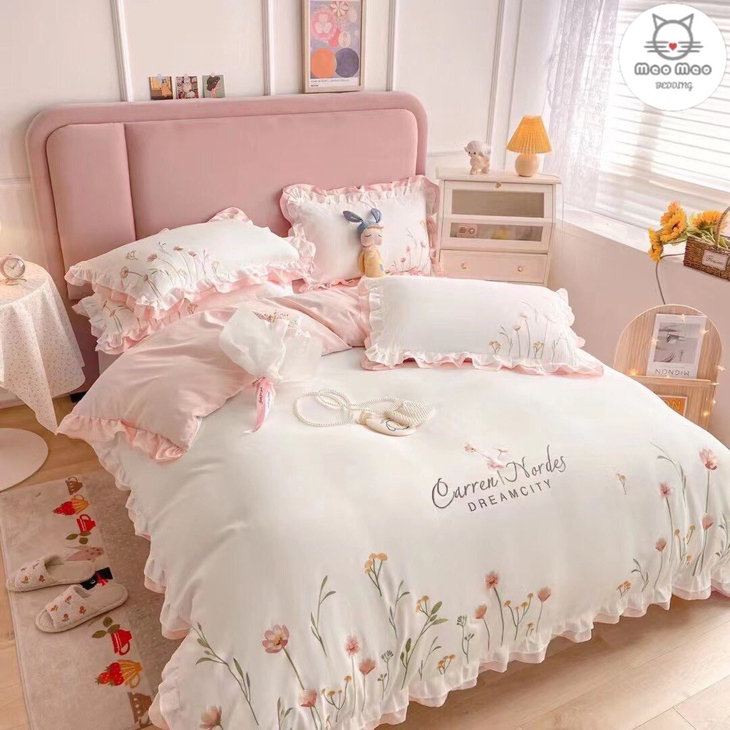 Bộ Chăn Ga Gối Cotton Đũi Viền Phối Bèo, Ren Họa Tiết Thêu Cao Cấp - Sét 4 Món